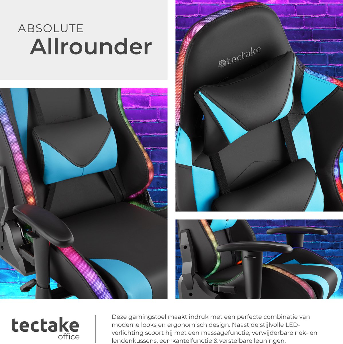 tectake® Gamingstoel met Massagefunctie en LED-lichteffecten - afbeelding 2