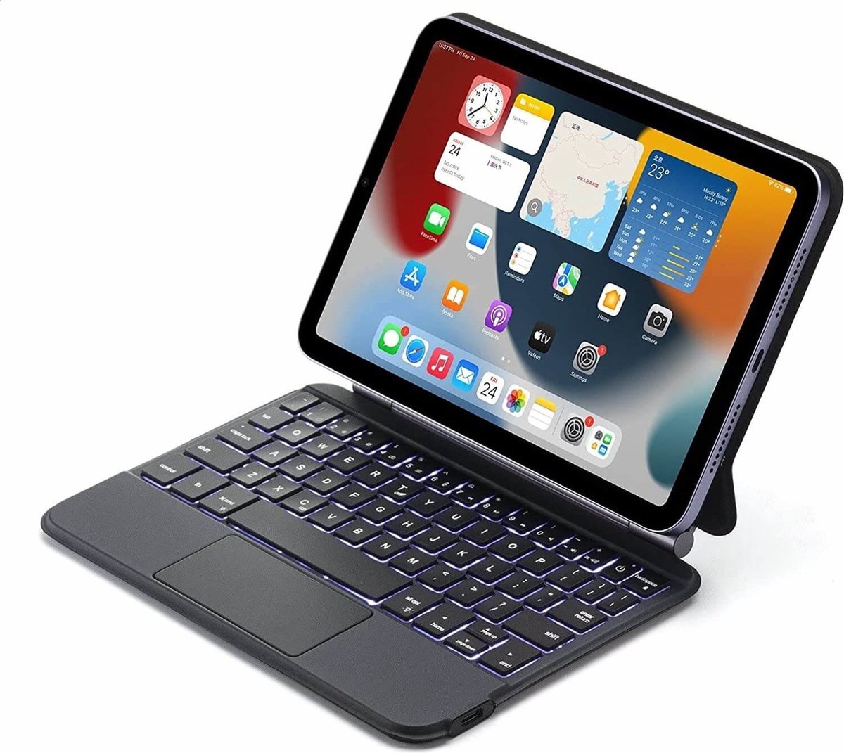 Toetsenbord Hoes Geschikt Voor Apple iPad Mini 7 (2024) 8.3 Inch - Bluetooth Magnetisch Keyboard Case - met Touchpad Muis en Verlichting - QWERTY - Zwart