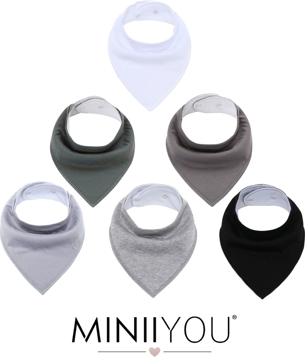 Goedkoopste MINIIYOU - Set 6 stuks bandana slabbetjes - Effen grijs wit - waterproof – jongens meisjes - puntslabbetjes - katoen fleece