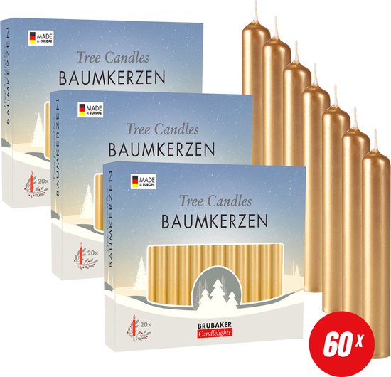 BRUBAKER 60 Stuks Boomkaarsen Was - Goud - Kerstkaarsen - Piramidekaarsen - Kerstboomkaarsen - 95/12.5 mm – Kaarsen - Kaarsjes