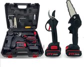 LotaHome - Elektrische Snoeischaar & Mini Kettingzaag - Dubbele Set - Snoeischaar en Kettingzaag - Krachtig - Complete Set - Handkettingzaag - Snoeien - Accu Snoeischaar - Snoeizaag - Inclusief Extra Accu en Handschoenen - Met Opbergkoffer - Zwart