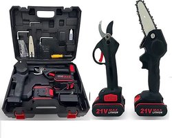 LotaHome - Elektrische Snoeischaar & Mini Kettingzaag - Dubbele Set - Snoeischaar en Kettingzaag - Krachtig - Complete Set - Handkettingzaag - Snoeien - Accu Snoeischaar - Snoeizaag - Inclusief Extra Accu en Handschoenen - Met Opbergkoffer - Zwart