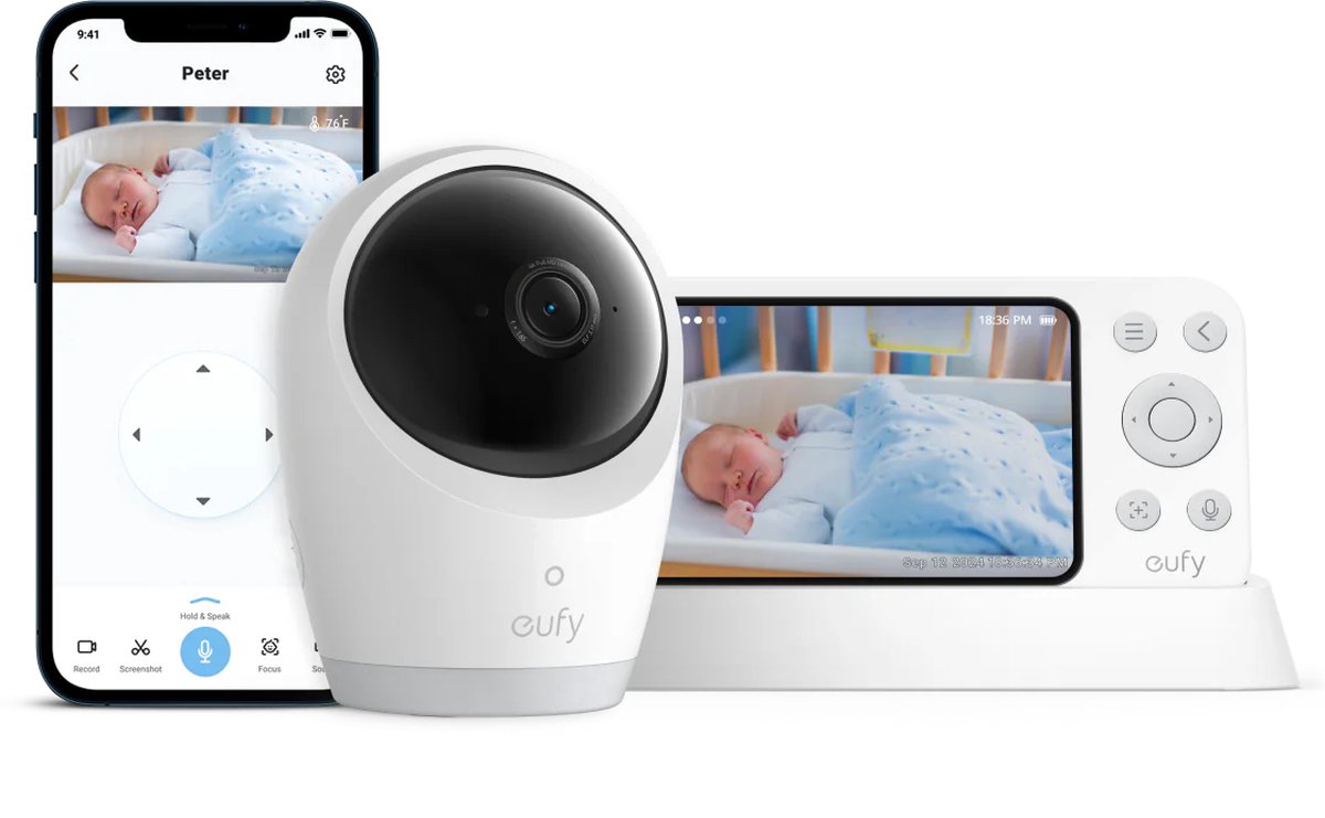 Afbeelding van eufy Baby E21 Babyfoon – Baby Monitor – 4K Camera – Hybride Wi-Fi – App- en Monitorbediening – Ultrahelder Nachtzicht – Pan-Tilt – 8× Zoom – Draagbare Camera met Ingebouwde Batterij – ANR – Slimme Waarschuwingen