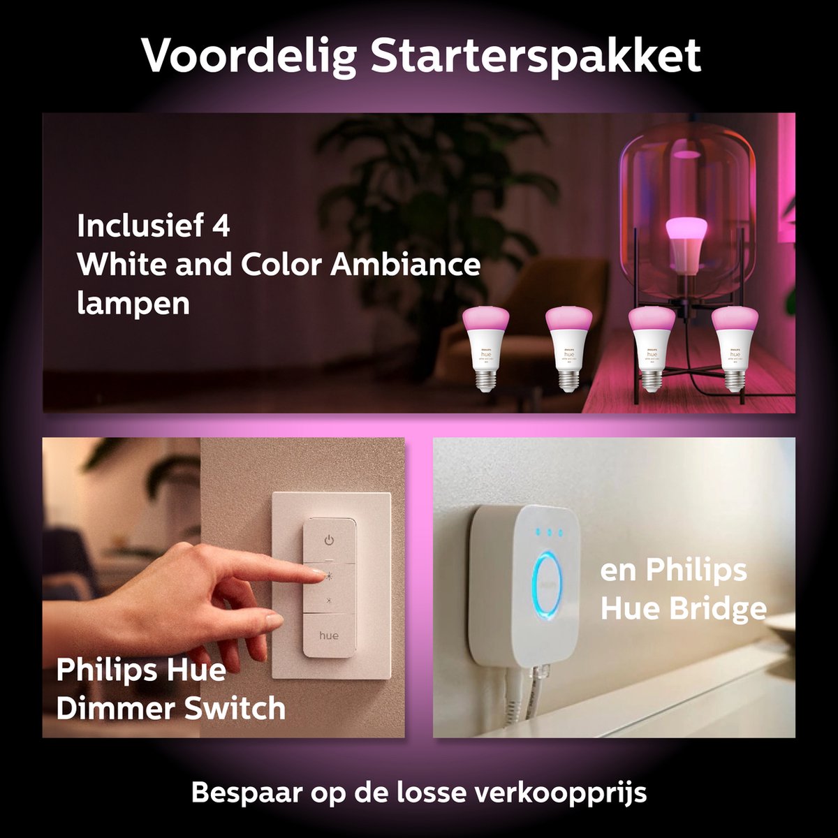 Philips Hue Starterspakket E27 - 4 lampen, bridge en dimmer