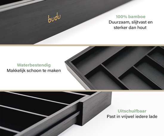 Détails d'une boîte à couverts extensible noire en bambou : logo Budu, imperméable et mécanisme coulissant.