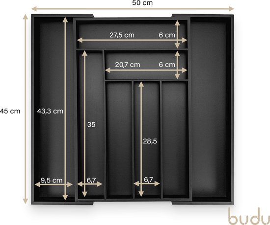 Dimensions d'une boîte à couverts extensible noire de 45x50 cm avec 6-8 compartiments.