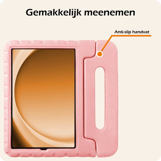 Roze kinderhoes met handvat, met de tekst 'Anti-slip handvat'.