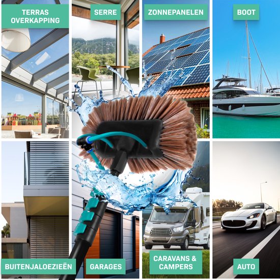 Collage van diverse schoonmaakklussen: terras, serre, zonnepanelen, boot, rolluiken, garages, campers en auto.