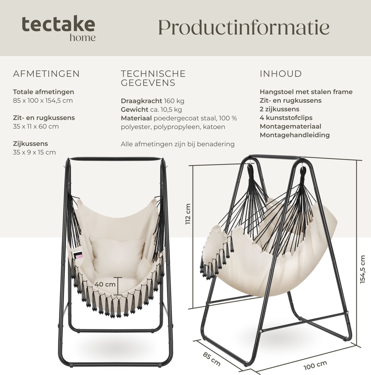 Fauteuil Suspendu Tectake Style Bohème - Capacité 160kg - Acier/Polyester - NEUF
