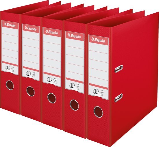 Lot promotionnel de 5 classeurs Esselte rouges avec espace d'étiquetage et anneaux métalliques.