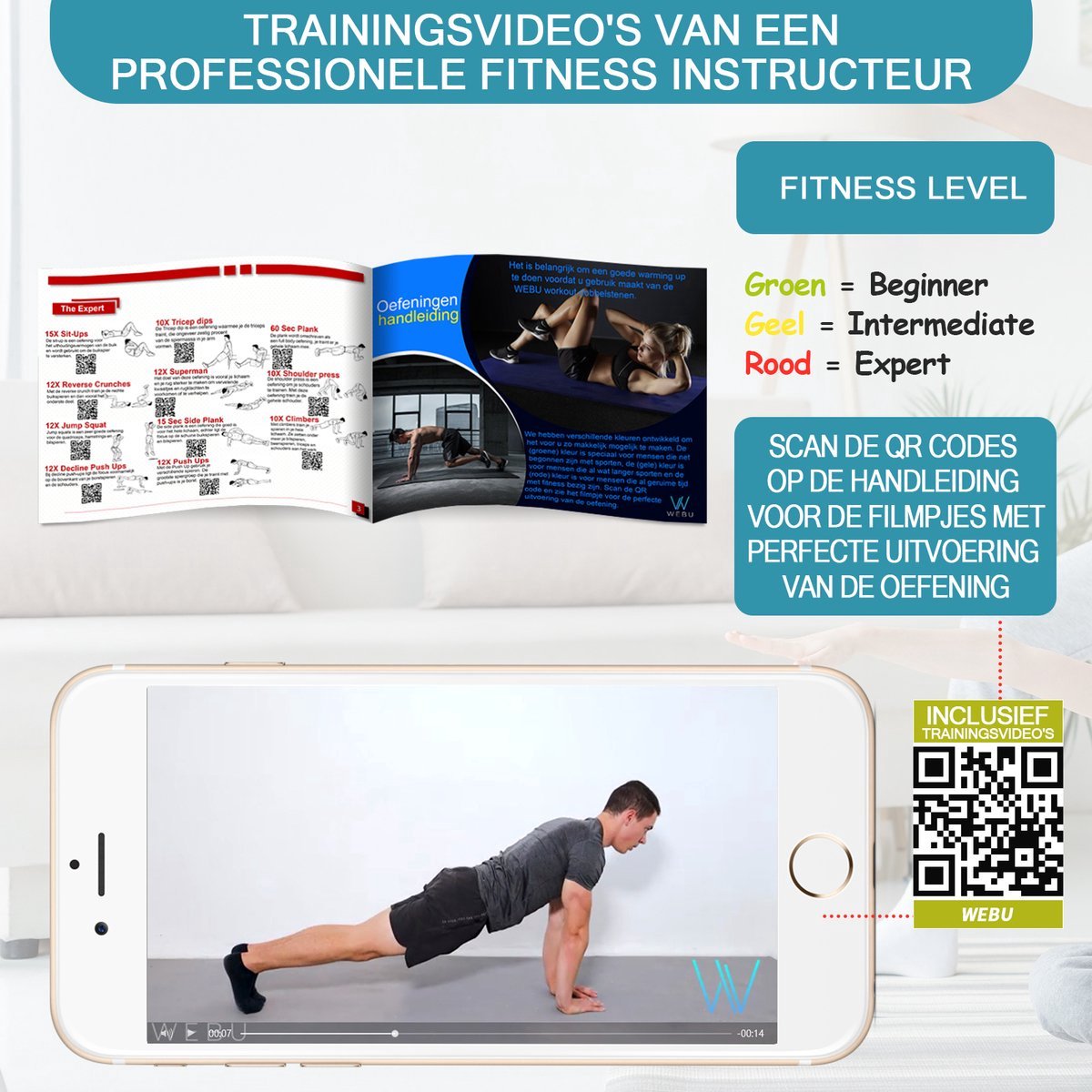 Afbeelding 2 van WEBU [DELUXE PACK] - Workout Dobbelstenen + Workout Kaarten | Incl. Trainingsvideo's - Fitness - Crossfit - Thuis Sporten - Krachttraining - Yoga - Weerstandsbanden