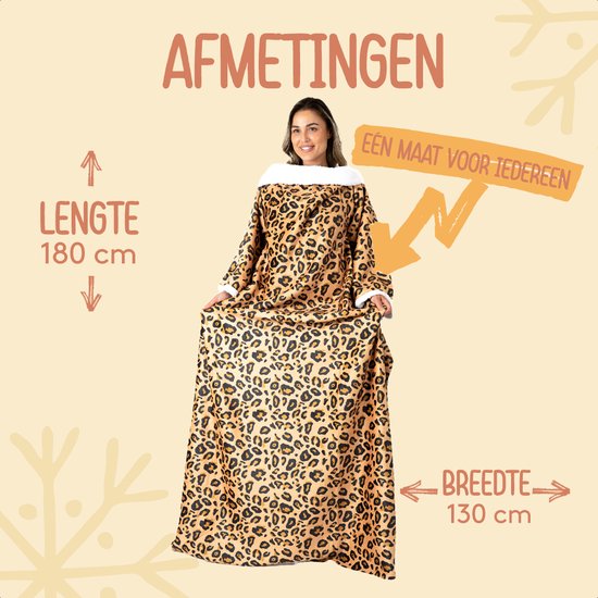 Model met luipaardprint omslagdoek met mouwen, lengte 180 cm, breedte 130 cm. Eén maat voor iedereen.