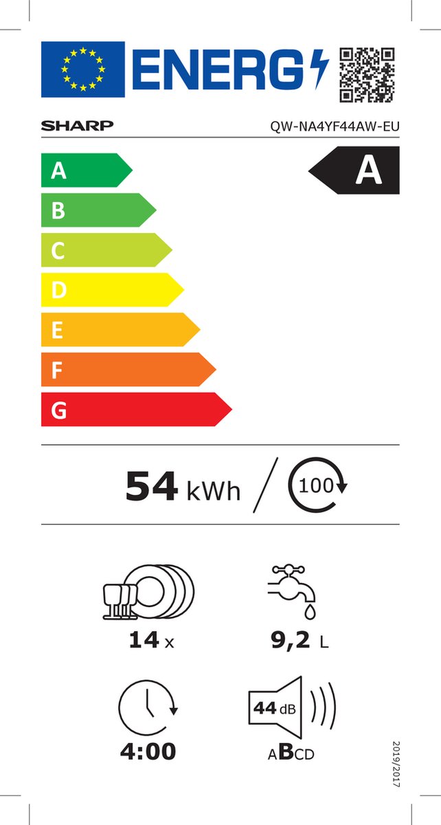Sharp QWNA4YF44AWEU - vrijstaande vaatwasser - energie label A - 9 liter waterverbruik - 10 jaar motorgarantie - wit — afbeelding 2