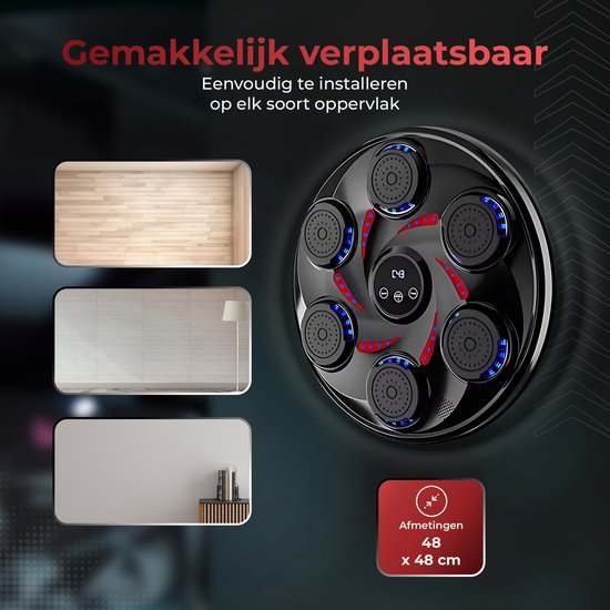 Zwarte boksmachine met zes verlichte pads en rode accenten, naast afbeeldingen van een houten vloer, betegelde muur en een plank met boeken.