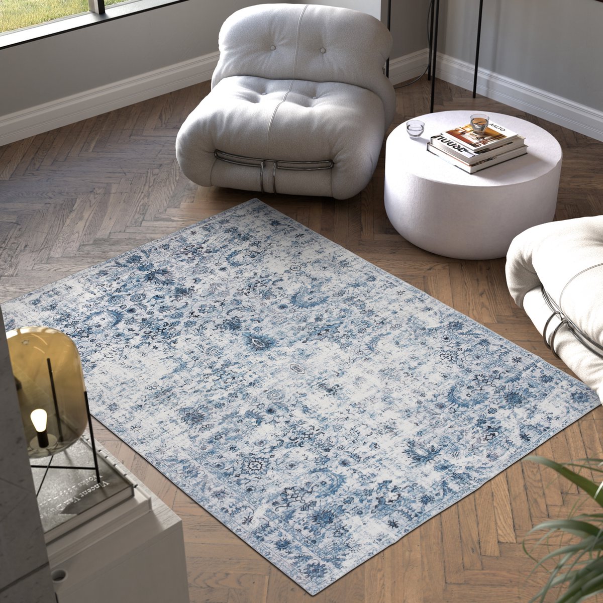 tectake® Vintage design tapijt - laagpolig vloerkleed - Boho vloerkleed - Voor woonkamer, slaapkamer, kinderkamer of tienerkamer - Wasbaar - 160cm x 230cm - blauw