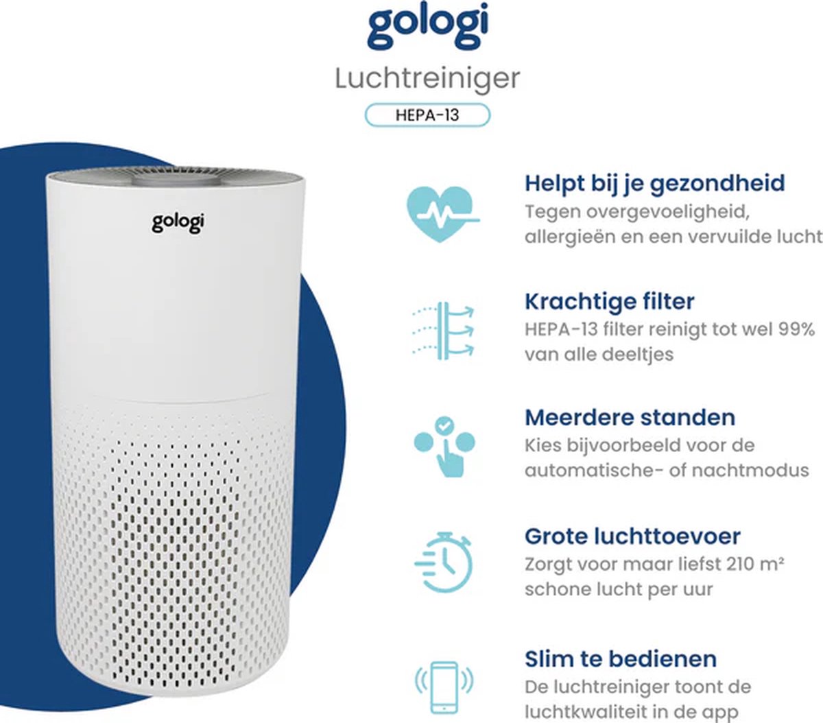 Gologi Luchtreiniger - Air Purifier Tegen Huisstofmijt, Hooikoorts, Allergieën en Stof - Vervangbaar HEPA 13 filter en Koolstoffilter - 210m³/h - Met App - Wit — afbeelding 4