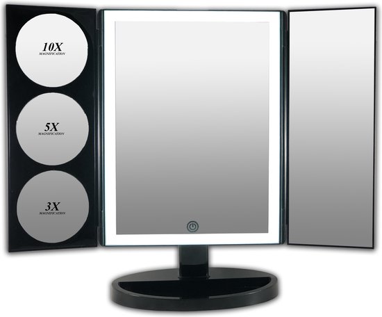 GROTE, Drieluik LED make-up spiegel touch knop en dimmer 1, 3, 5 en 10 maal vergroting