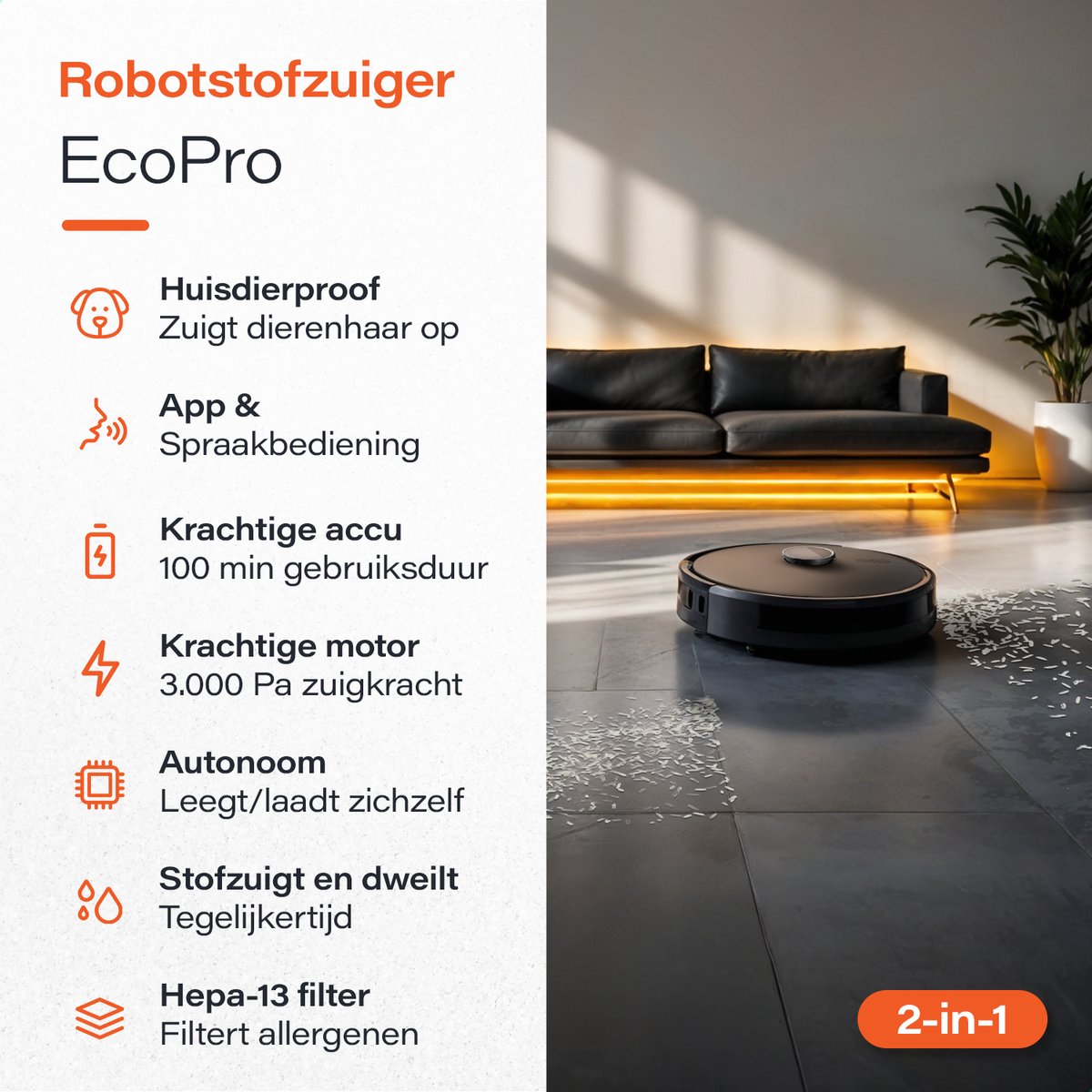 Afbeelding 2 van Robotstofzuiger met Dweilfunctie - Met laad en leeg station - Huisdieren Stofzuiger - Automatische Dweilrobot- Hondeharen - Skoov Ecopro