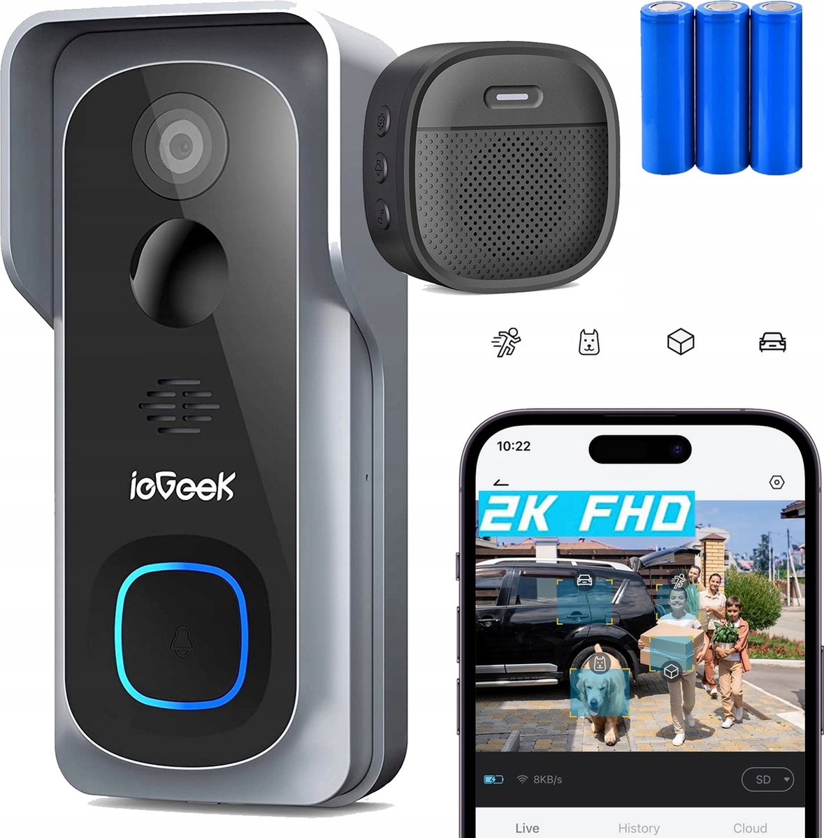 Deurbelcamera draadloos - zonder abonnement - 2K-videodeurbel met bel - 2-weg audio - directe waarschuwing - 2,4G wifi - Deurbelcamera - €58,99