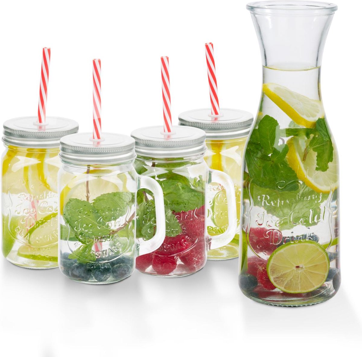 alpina Drinkglazen en Waterkan – Karaf (1L) met 4 Mason Jars (420 ml) – Waterglazen met Deksel en Rietjes – Drink Glazen voor Koude Dranken – Glazen Set voor Thuis en Feestjes
