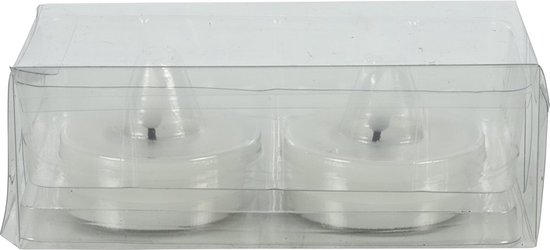 Twee witte LED theelichtjes in plastic verpakking.