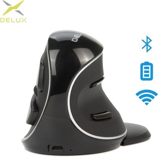 Delux - M618P - Oplaadbaar - Draadloos (2.4ghz + 2X Bluetooth) - Anti-RSI / Muisarm - Ergonomisch - Grote Handen - Verticale Muis - Gaming Muis - 800 tot 4000DPI - Verwijderbare Polssteun - 5 Knoppen - Plug & Play - Rechtshandig