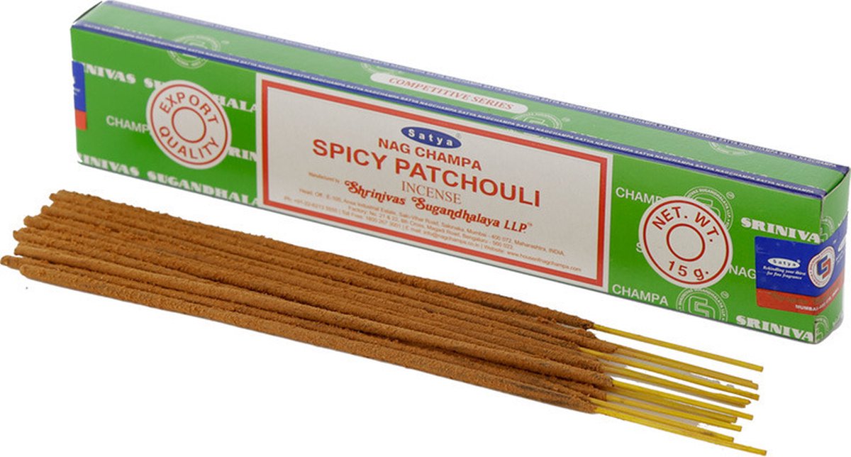 Satya Nag Champa wierrook stokjes Patchouli geur - 15x - Lichaam in balans - Meditatie - staafjes van 21 cm - 30 minuten Multi