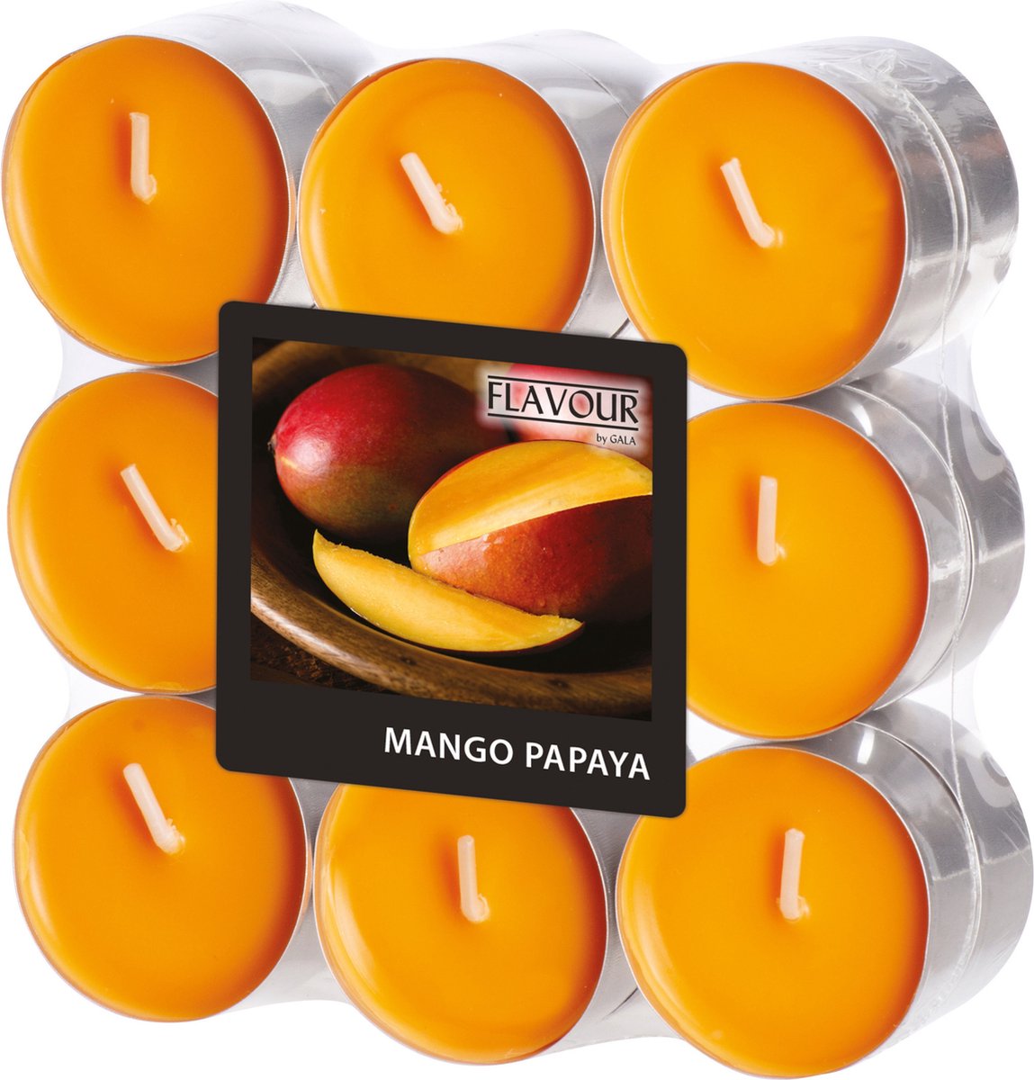 Conpax Candles Geur Waxinelichtjes - 18x - Mango-Papaya aroma - 4,5 branduren - theelichtjes - geurkaarsen Donkergeel