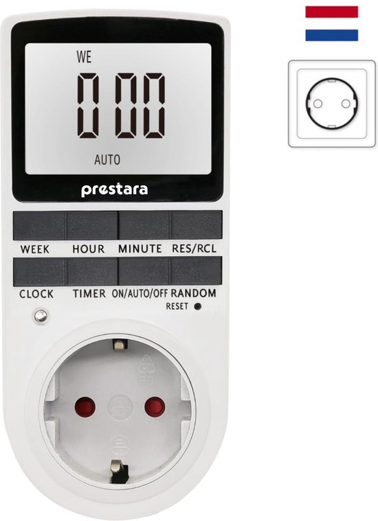 Witte Prestara digitale tijdschakelaar met stekker en LCD-scherm, met de Nederlandse vlag.