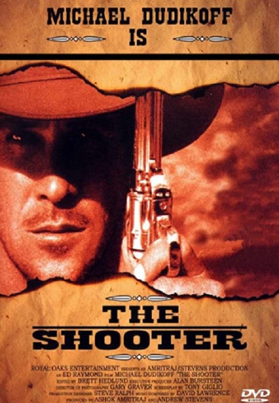Filmaffiche voor "The Shooter" met Michael Dudikoff, die een revolver vasthoudt en een cowboyhoed draagt.