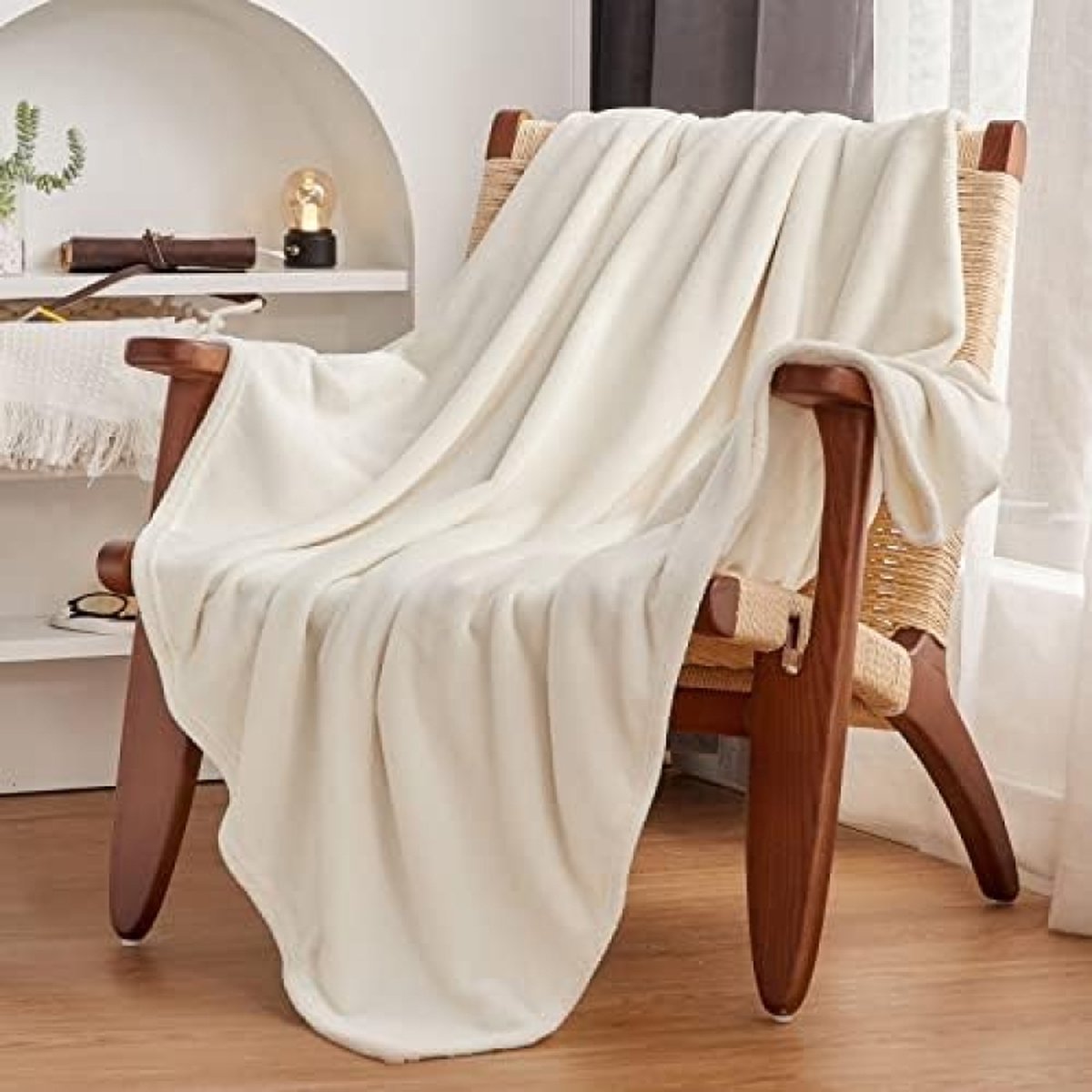 Omkeerbare flanellen deken voor bedden 135/150, beige deken, grote bank, ivoorwit