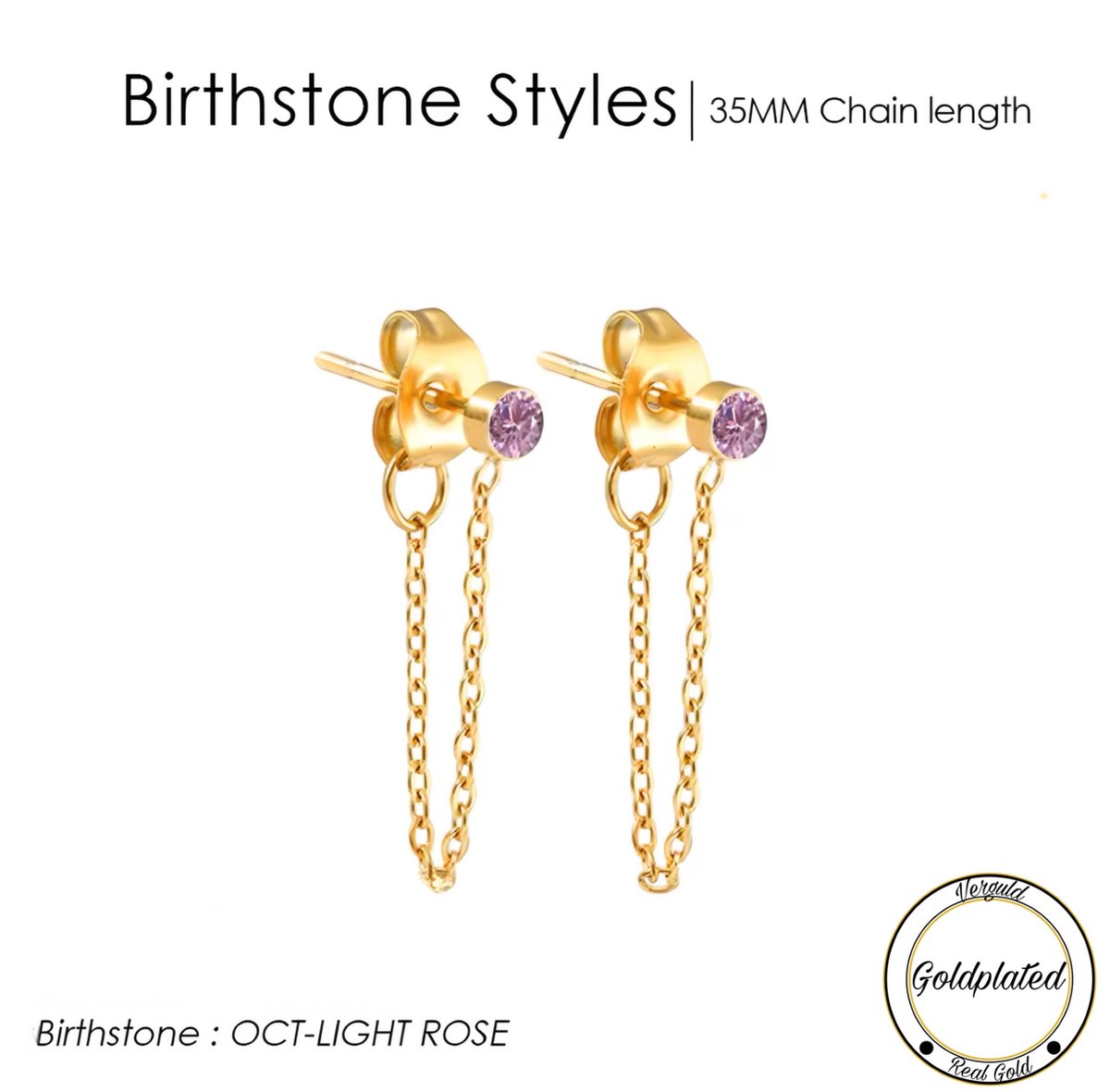 Borasi Birthstone Oorbellen Met Hanger Oktober | Goldplated | Lichtroze | Dames Sieraden |