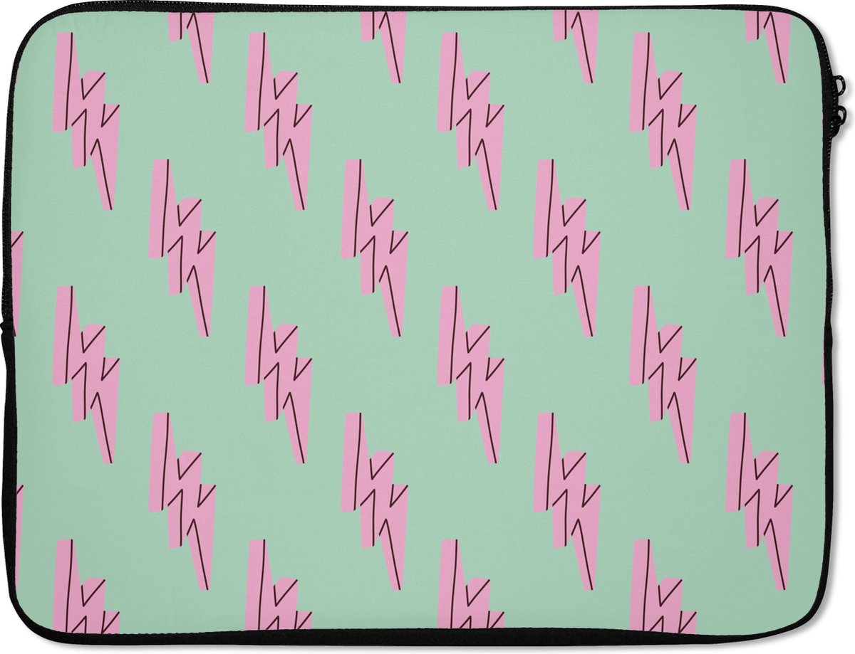Laptophoes 17 inch - Bliksemschichten - Patroon - Groen - Roze - Laptop sleeve - Binnenmaat 41x28 cm - Zwarte achterkant