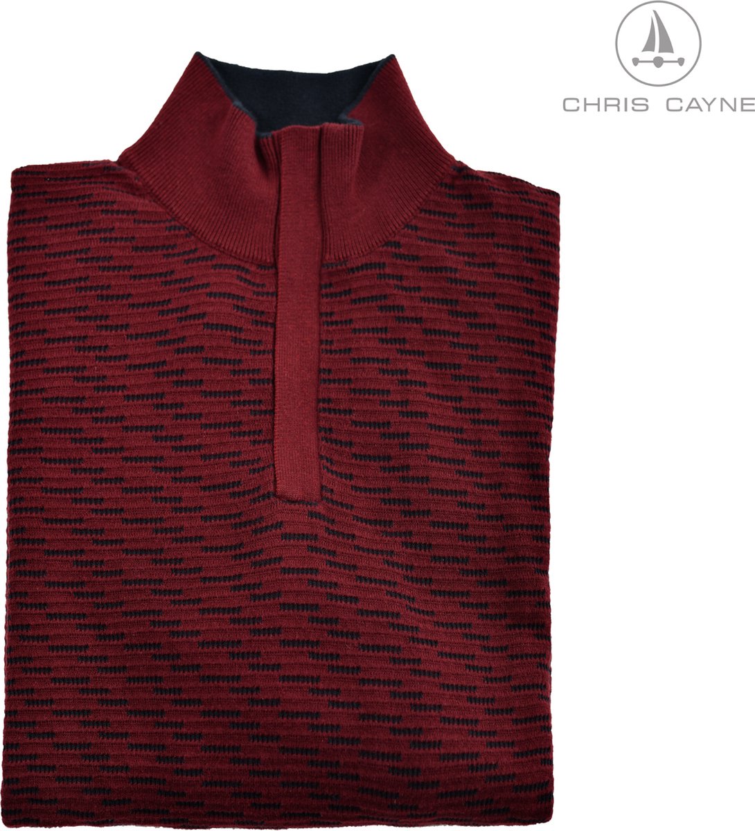 Chris Cayne schipperstrui - rood - XL - heren trui - bordeaux/donkerblauw - structuur - fijn gebreid - korte rits - gebreid