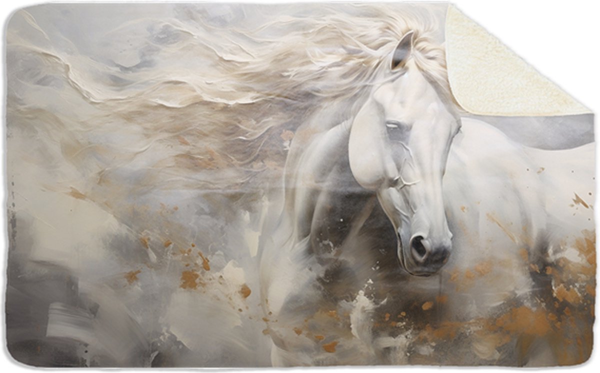 Fleecedeken Wit paard, 96x146cm, Polyester Sherpa