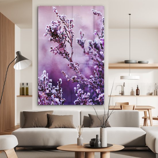 MuchoWow® Glasschilderij 120x180 cm - Schilderij acrylglas - Lavendel - Winter - Bloemen - Paars - Foto op glas - Muurdecoratie woonkamer - Wanddecoratie slaapkamer - Schilderijen