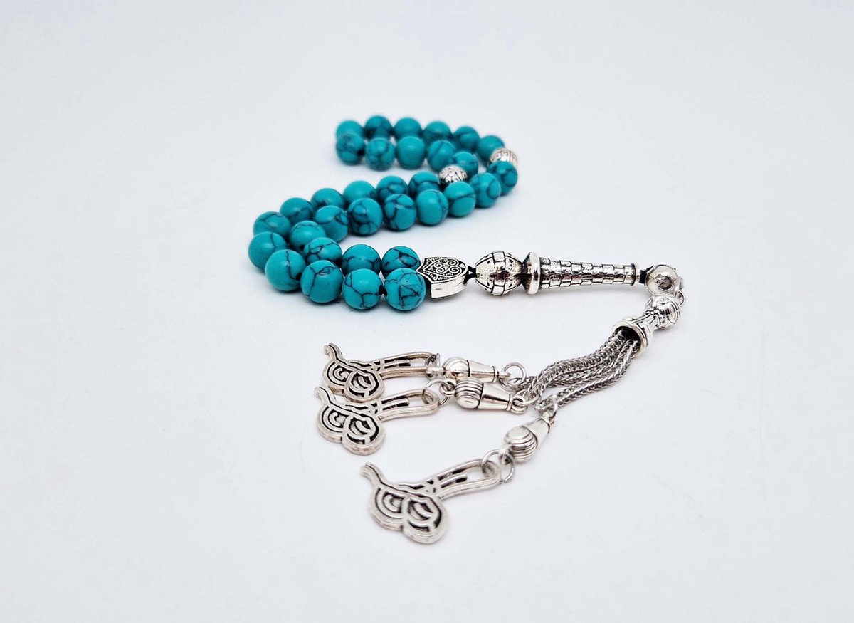 Handgemaakte tesbih "tasbih" natuursteen "Howliet groen" - Aantal kralen 33 - Diameter kralen 8 MM - met metaal tassel "model A5" - Een mooi cadeau-idee