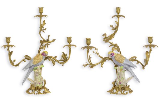 Foto: Papegaai kandelaars porselein kandelaar bronzen montuur brons kaarshouders luxe kaarskandelaar set woondecoratie sfeer verlichting 25x56x62