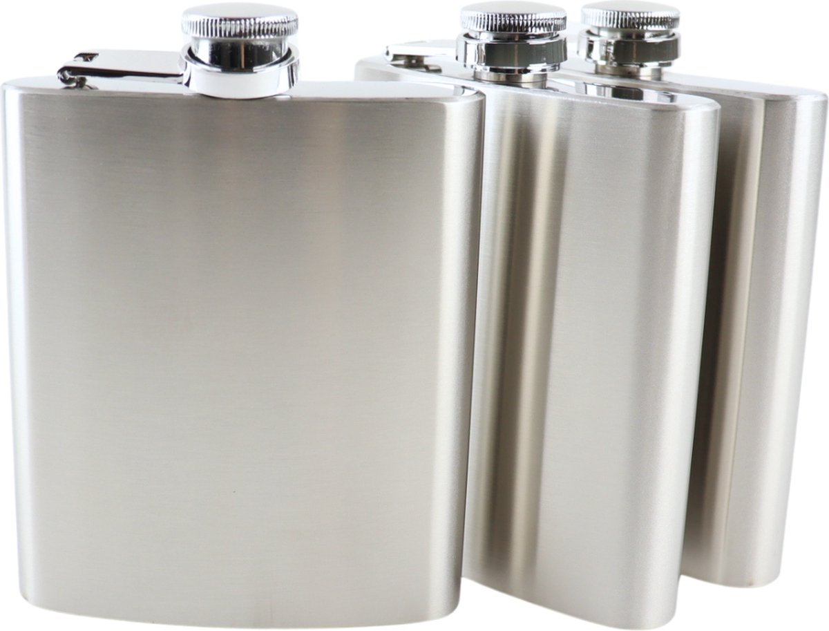 HIXA Heupfles - RVS - 200 ml - 3 Stuks - Platvink - Zakflacon - Drankflacon - Zilver