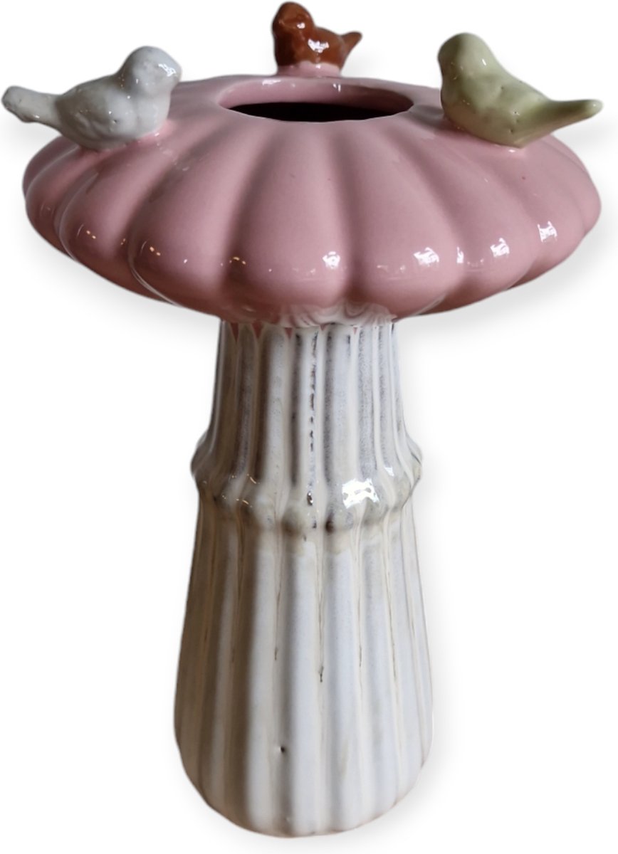 DK design Daan Kromhout - Vaas - Paddenstoel - Met Vogeltjes - Creme - Roze -16x25cm