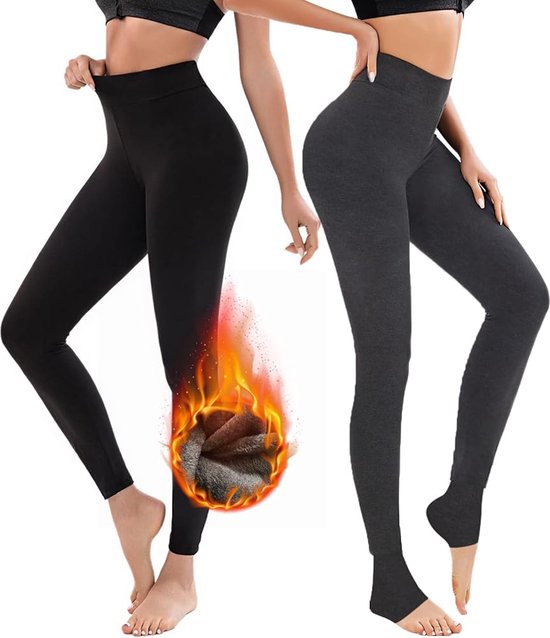 Twee damesmodellen in zwarte en donkergrijze, gevoerde leggings. Een vlammen-icoon duidt op warmte.