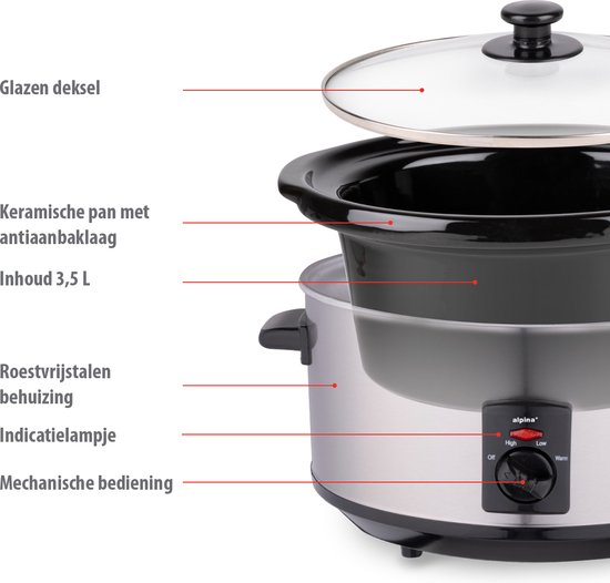 Alpina Slowcooker 3,5L RVS met Warmhoudfunctie 240W - alpina - €40,59