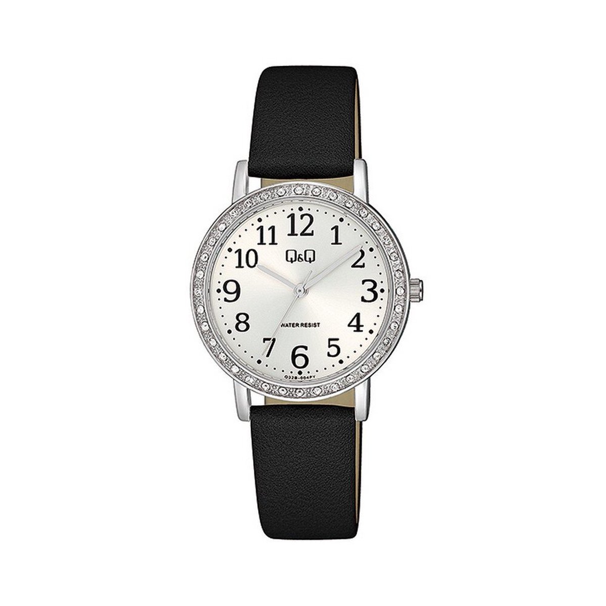 QQ Q32B-004PY - Horloge - Analoog - Vrouwen - Dames - Leren band - Rond - Metaal - Zwart - Zilverkleurig - Sprankelend - Wit - 3 ATM