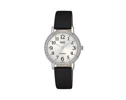 Q&Q Q32B-004PY - Horloge - Analoog - Vrouwen - Dames - Leren band - Rond - Metaal - Zwart - Zilverkleurig - Sprankelend - Wit - 3 ATM