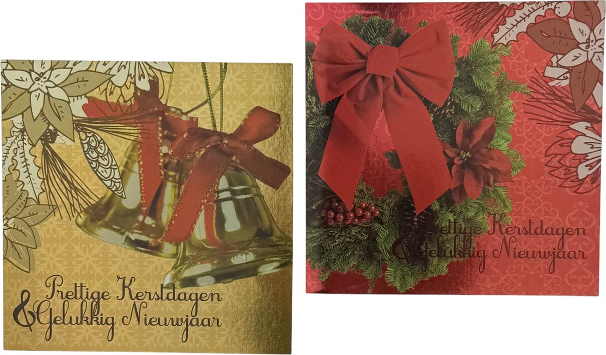 10 Dubbele Kerstkaarten Met Envelop - Tekst: Prettige Kerstdagen & Gelukkig Nieuwjaar 2 Designs - 12.5 x 12.5 cm