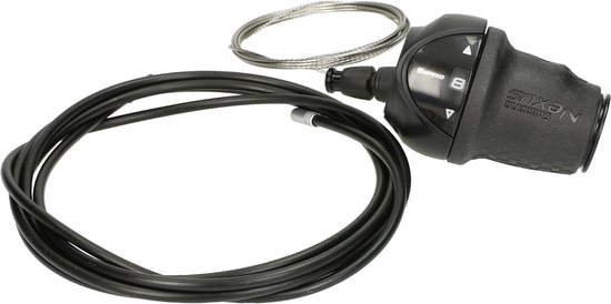 Zwarte Shimano Nexus 8-speed draaishifter met de tekst "8 SPEED" en cijfer "8", met kabel en buitenkabel.