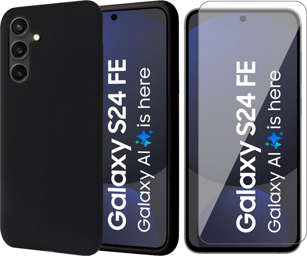 Hoesje geschikt voor Samsung Galaxy S24 FE - Screenprotector Glas - Mat Back Case Zwart