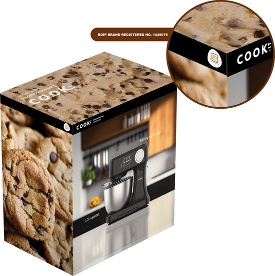Verpakking van COOK-IT keukenmachine met afbeeldingen van chocoladekoekjes en de machine. "3.5L capaciteit".