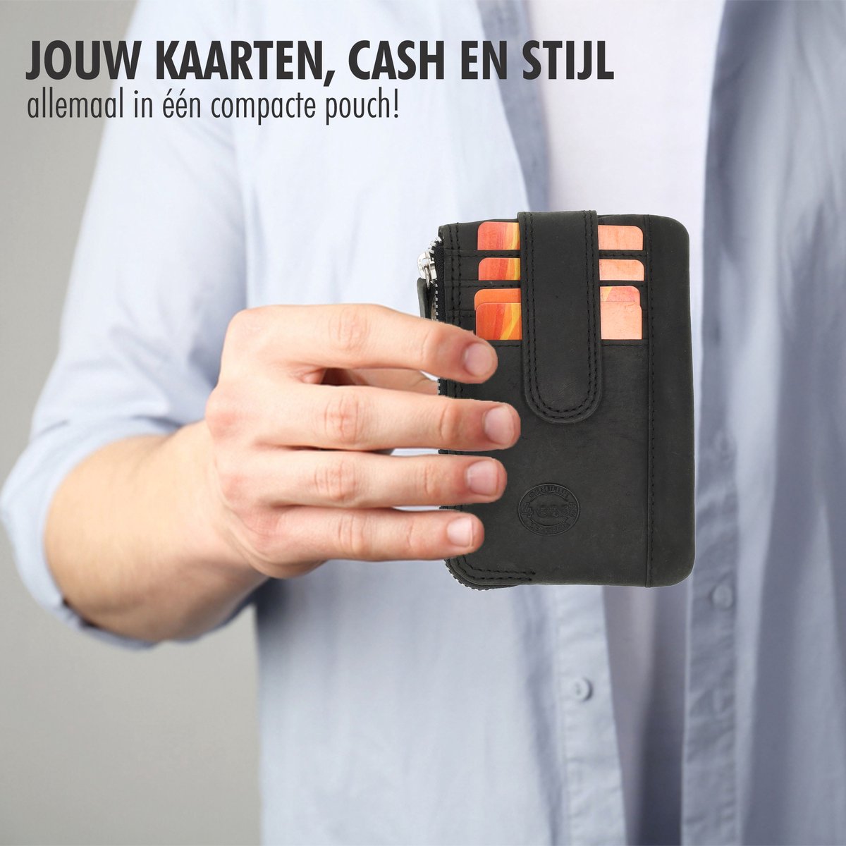 BAWAKO Echt Lederen Portemonnee met Twee Vakken voor Dames en Heren, Mini- Portemonnee met Ritssluiting en Sleutelhanger, S, Zwart