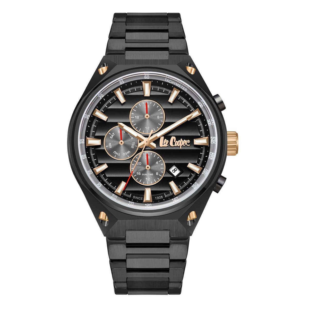 Lee Cooper LC08026.060 - Horloge - Polshorloge - Analoog - Heren - Mannen - stalen band - Metaal - Rond - Strepen - Datumaanduiding - 12-24H - Tweede Tijdzone - GUN kleur (Zwart+Grijs+briljant-glanzend) - Rosékleurig